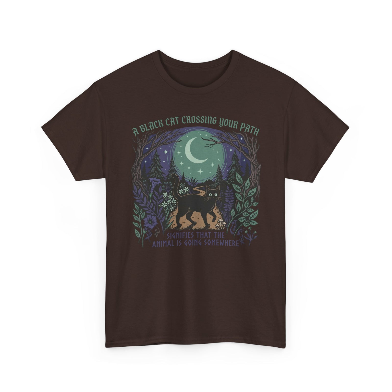 Black Cat Crossing Your Path Tee — Whimsical Moonlit Forest Cat Shirt