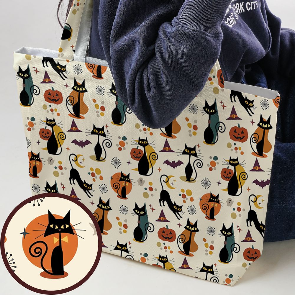 Mid Century Atomic Black Cats Large Tote Bag - - 1