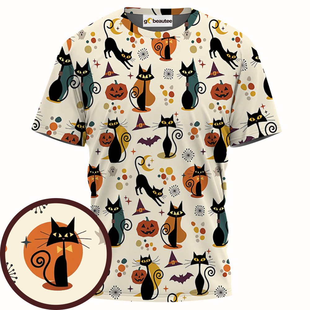 Mid Century Atomic Black Cats Full Print Unisex T-Shirt - - 1