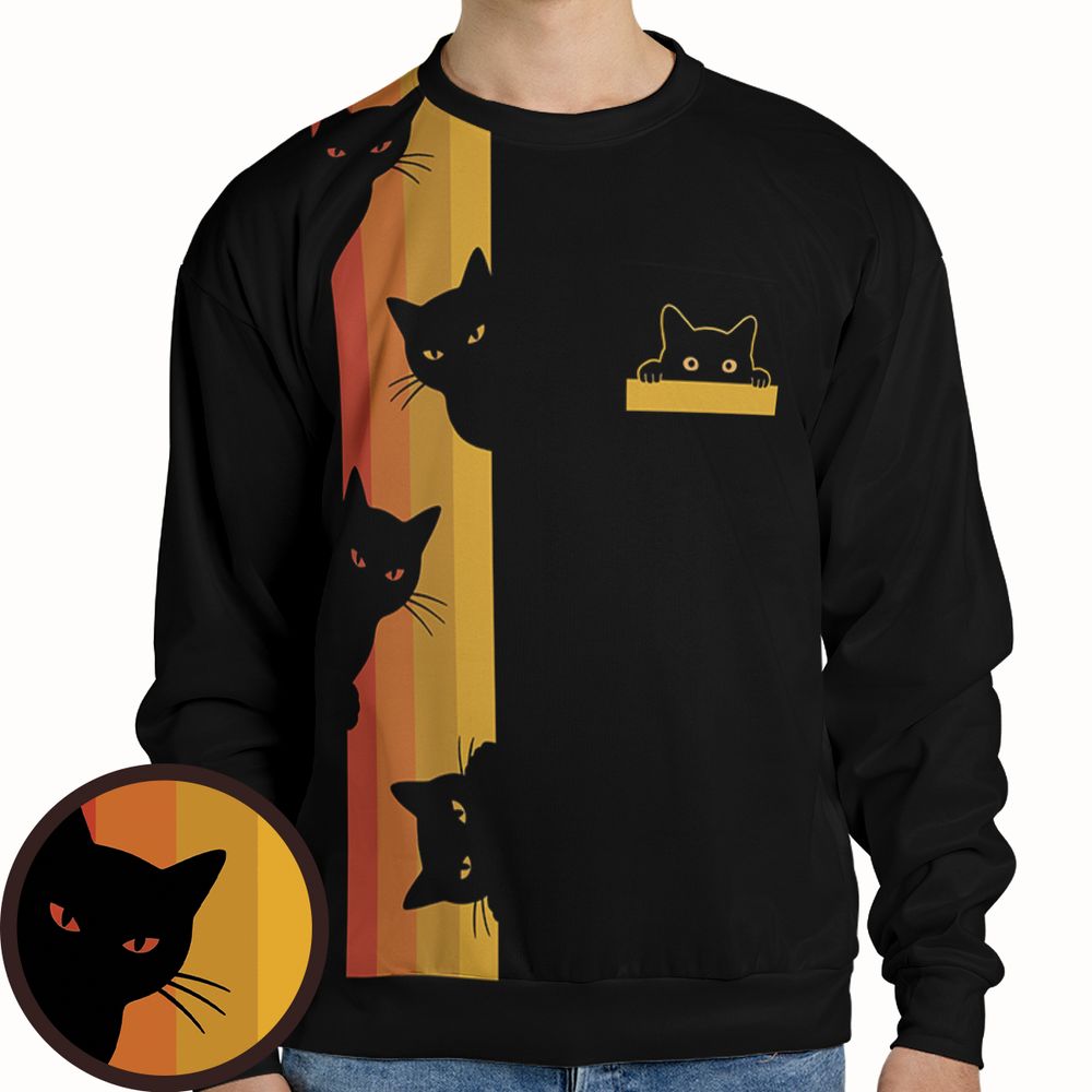 Retro Sunset Peeking Black Cat Full Print Sweatshirt - - 1