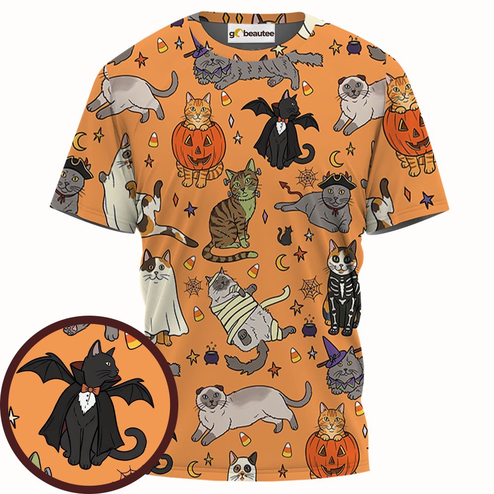 Spooky Orange Halloween Costume Cats Pattern Full Print Unisex T-Shirt - - 1
