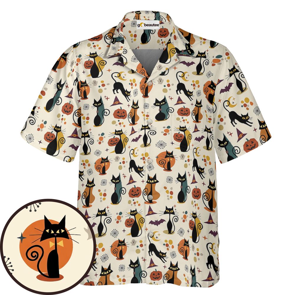 Mid Century Atomic Black Cats Hawaiian Shirt - - 1