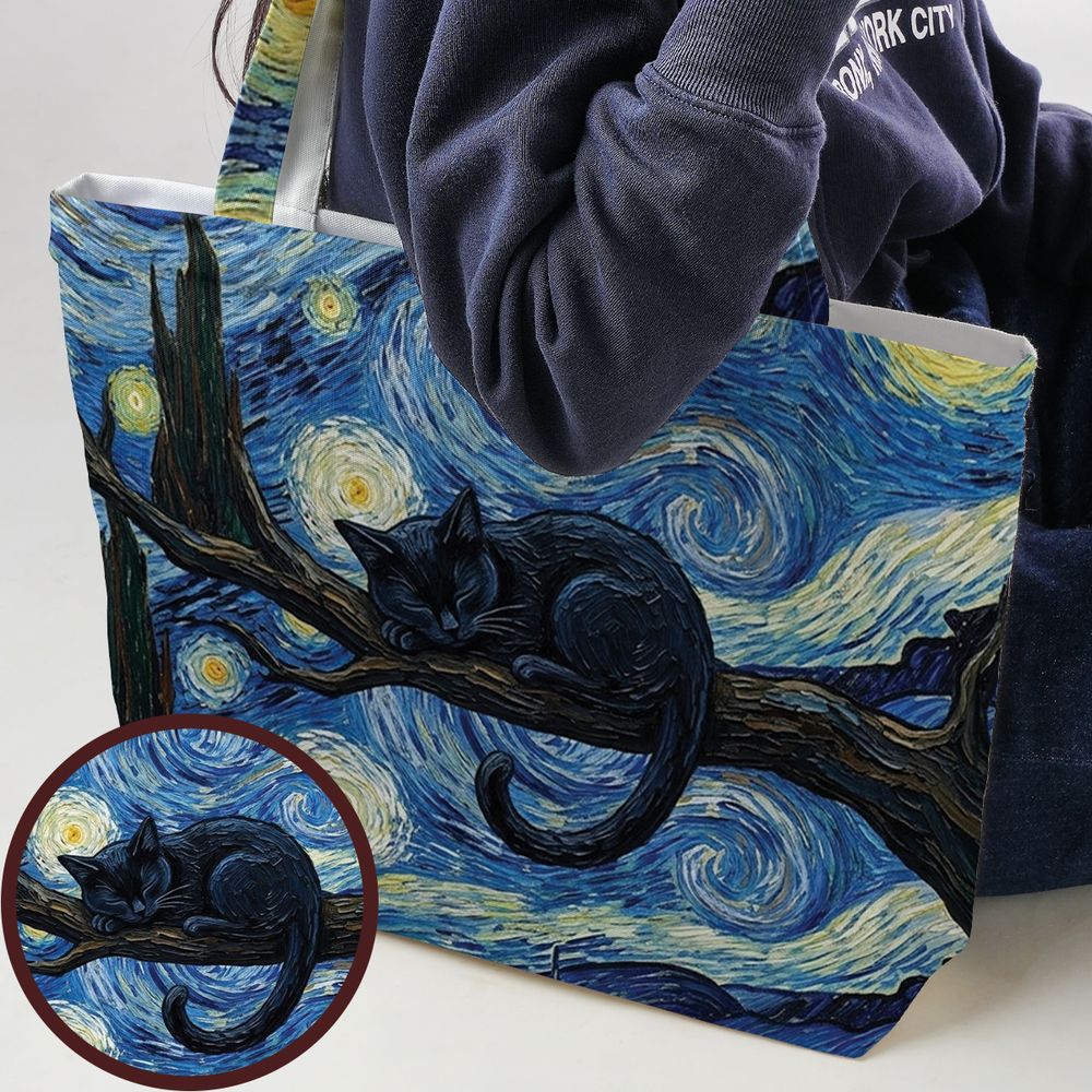 Starry Night and Black Cat Large Tote Bag - - 1