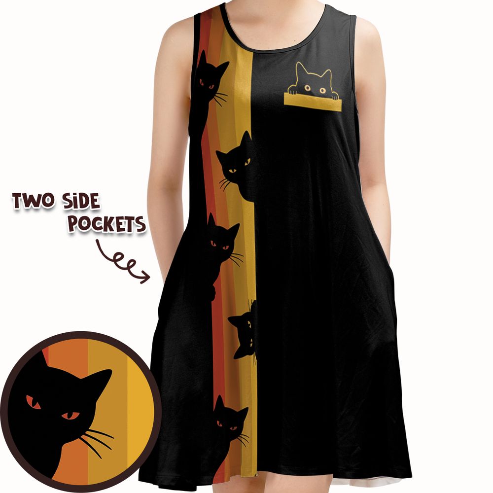 Retro Sunset Peeking Black Cat Sleeveless Dress - - 1