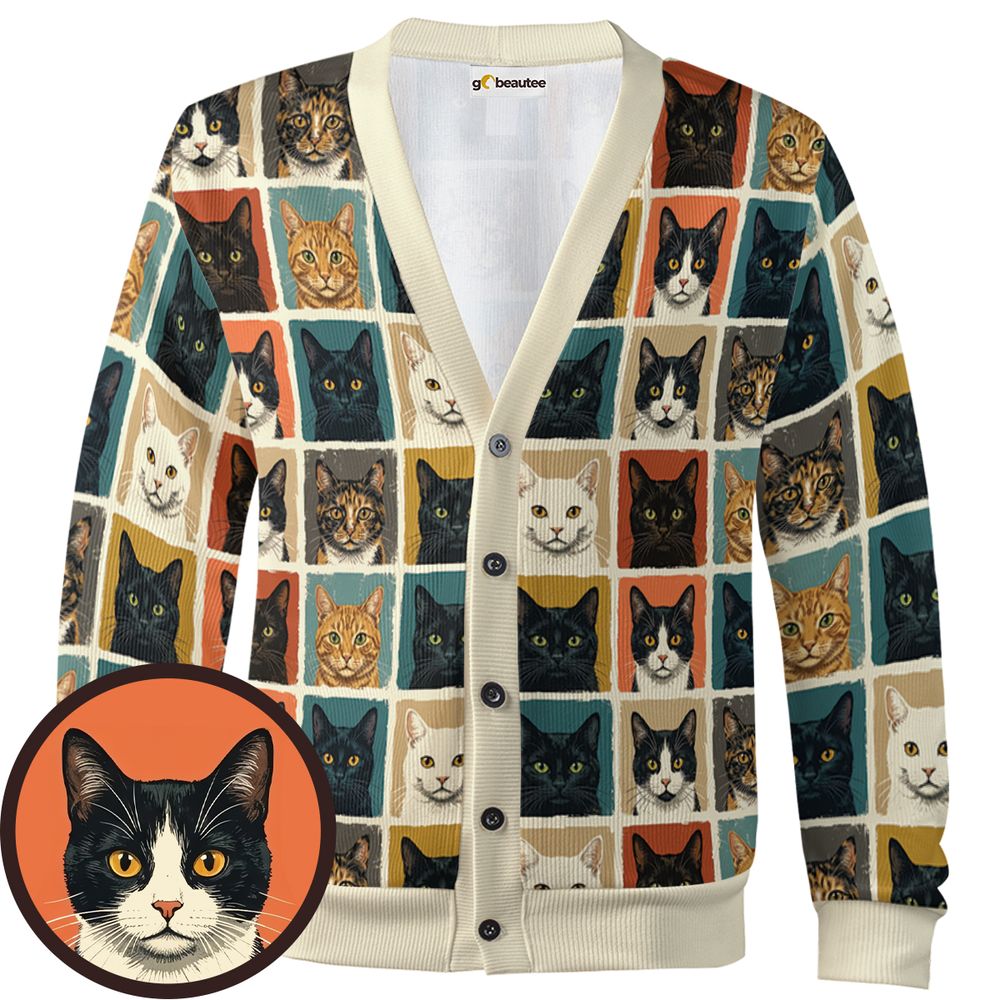 Retro Pop Art Cat Portrait Grid Cardigan - - 1