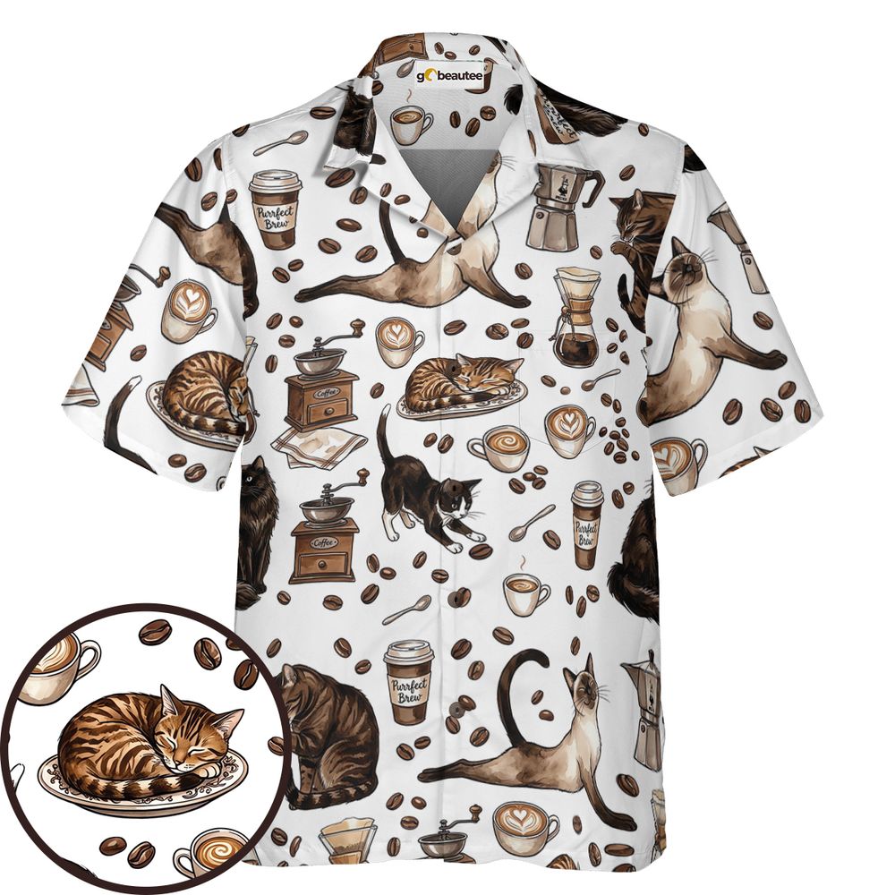 Cat and Coffee Hawaiian Shirt - - 1