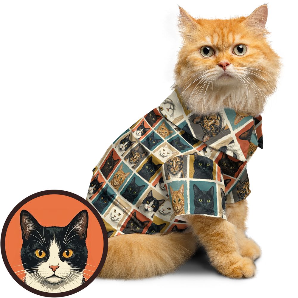 Retro Pop Art Cat Portrait Grid Pet Hawaiian Shirt - - 1