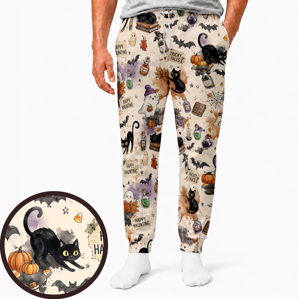Happy Haunting Black Cat & Potion Spooky Sweatpants - - 1
