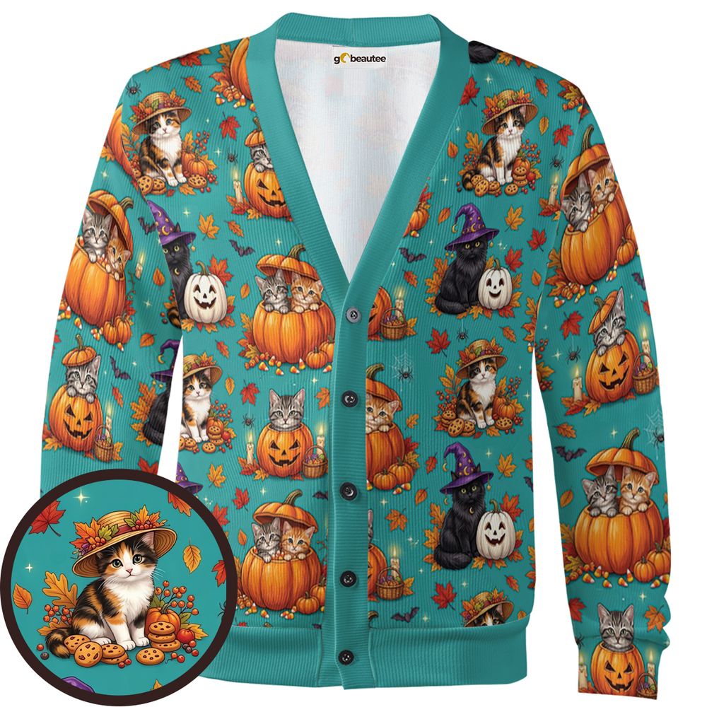 Festive Fall Pumpkin & Witch Cat Cardigan - - 1