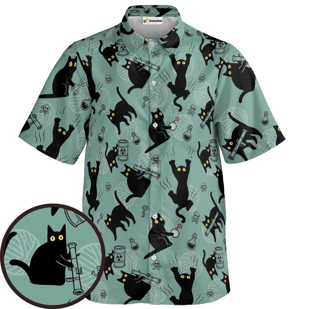 Chaotic Black Cat Danger Pattern Short Sleeve Button Shirt - - 1
