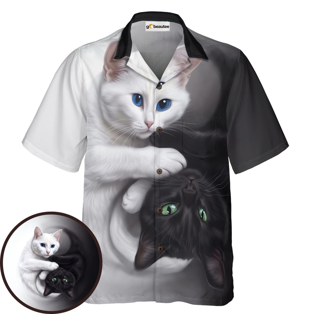 Yin Yang Black Cat and White Cat Hawaiian Shirt - - 1