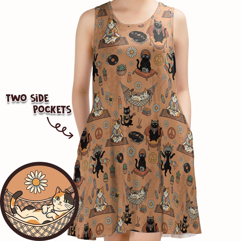 Hippie and Cat Sleeveless Dress - - 1