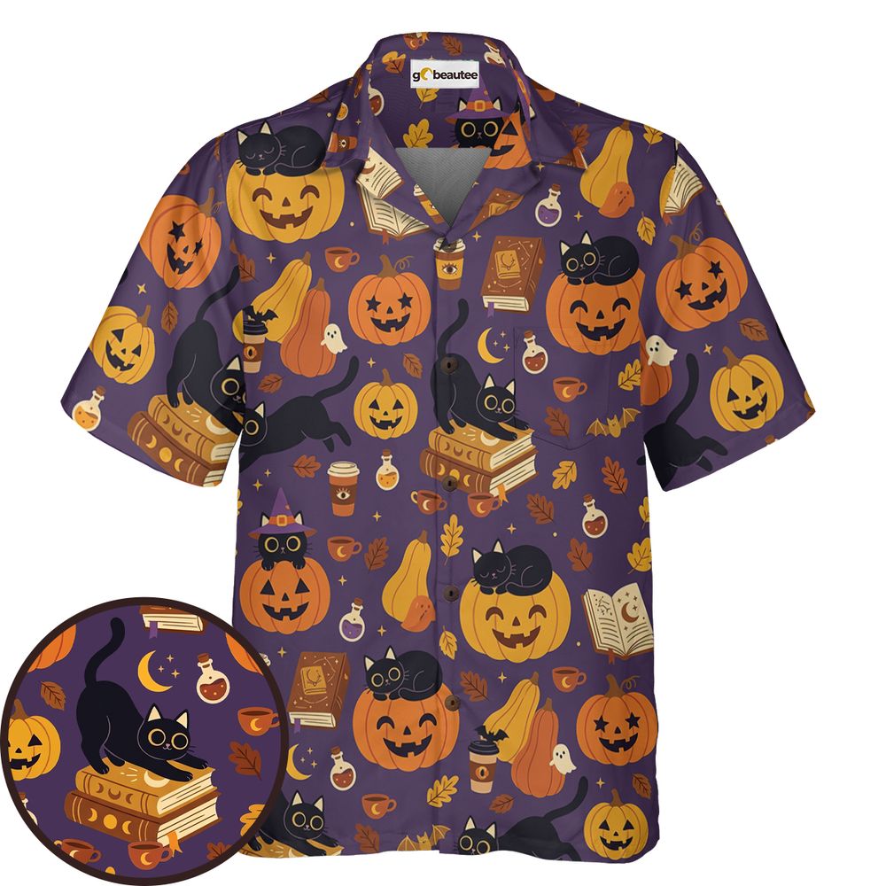 Purple Spooky Black Cat & Pumpkin Magic Hawaiian Shirt - - 1