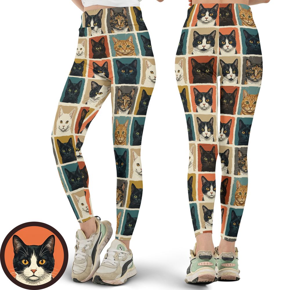 Retro Pop Art Cat Portrait Grid Full Print Legging - - 1