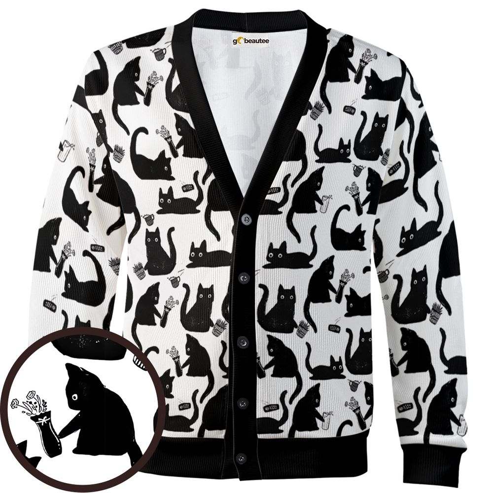 Mischievous Black Cat Pattern Cardigan - - 1