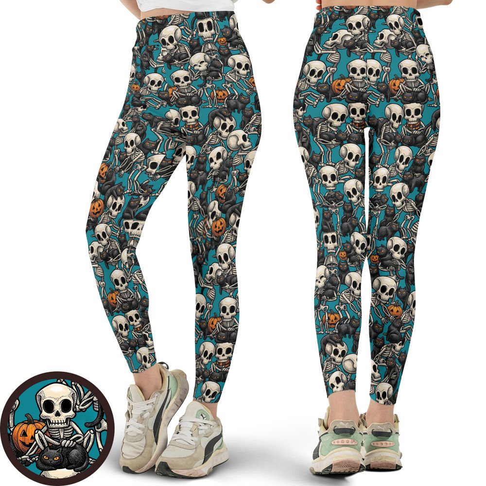 Black Cat Skeleton Halloween Full Print Legging - - 1