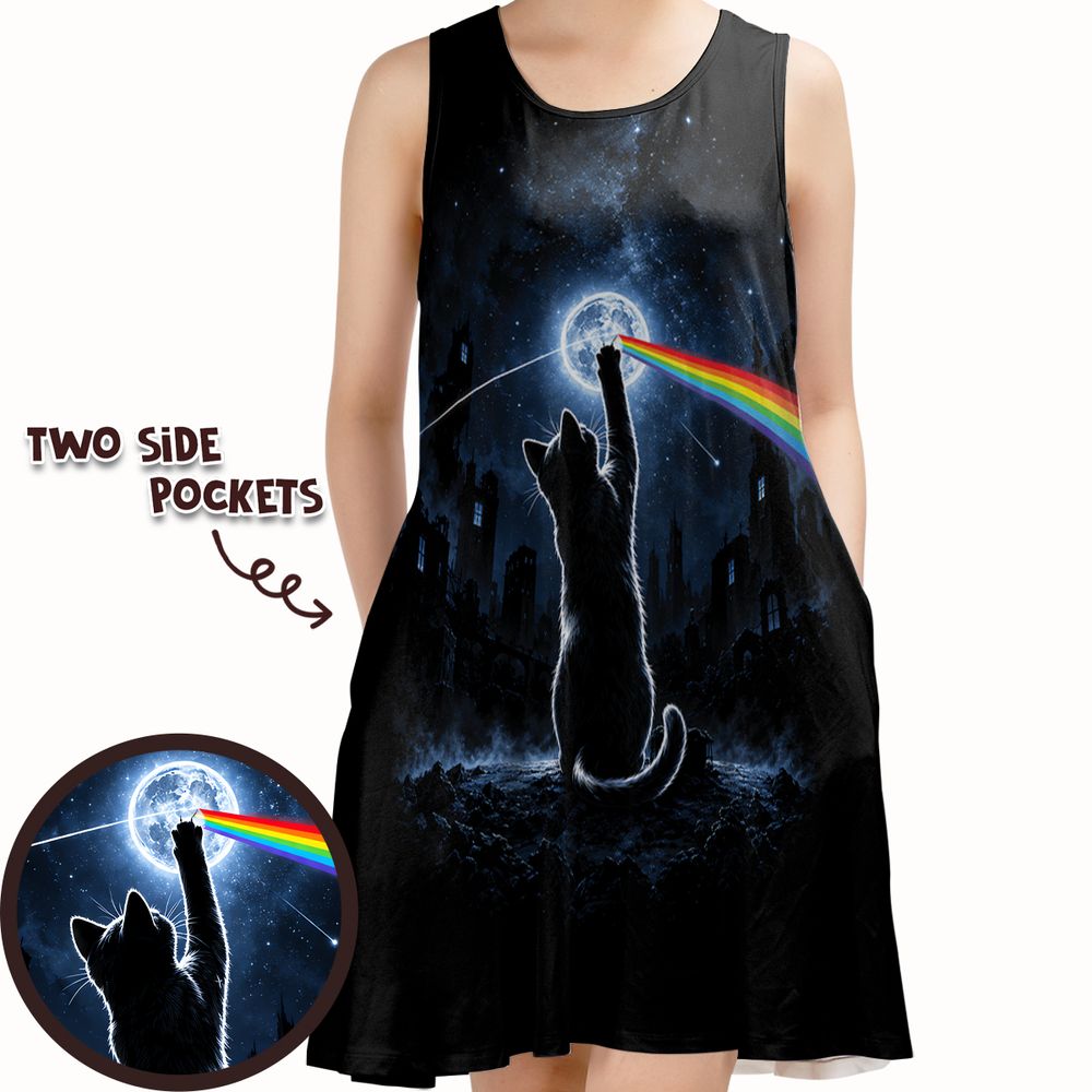 Cosmic Rainbow Moon Cat Silhouette Sleeveless Dress - - 1