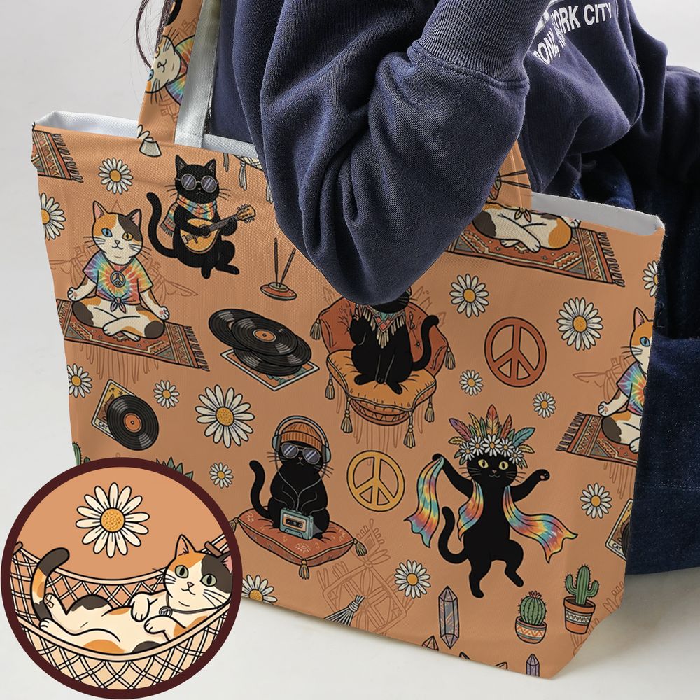 Hippie and Cat Large Tote Bag - - 1