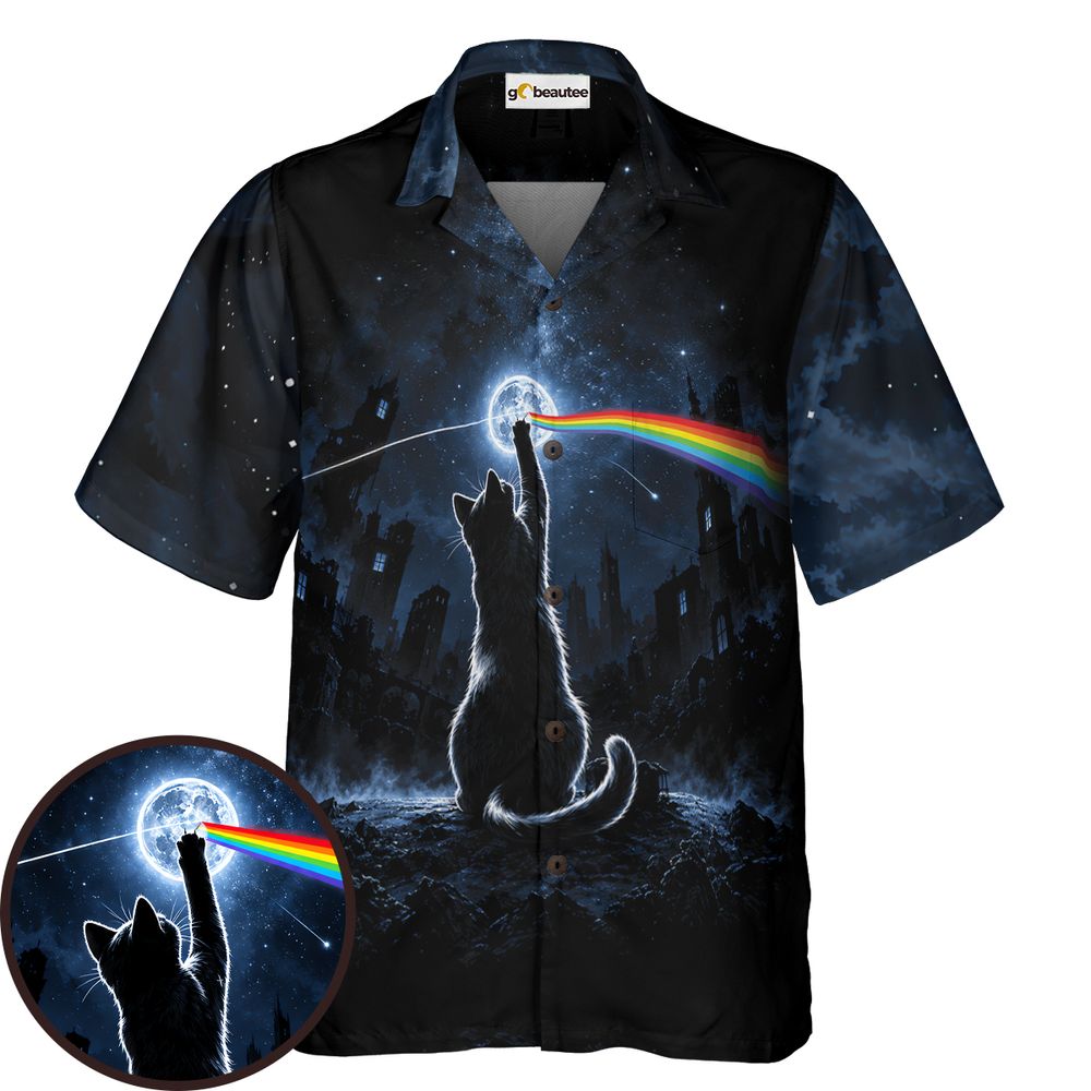 Cosmic Rainbow Moon Cat Silhouette Hawaiian Shirt - - 1