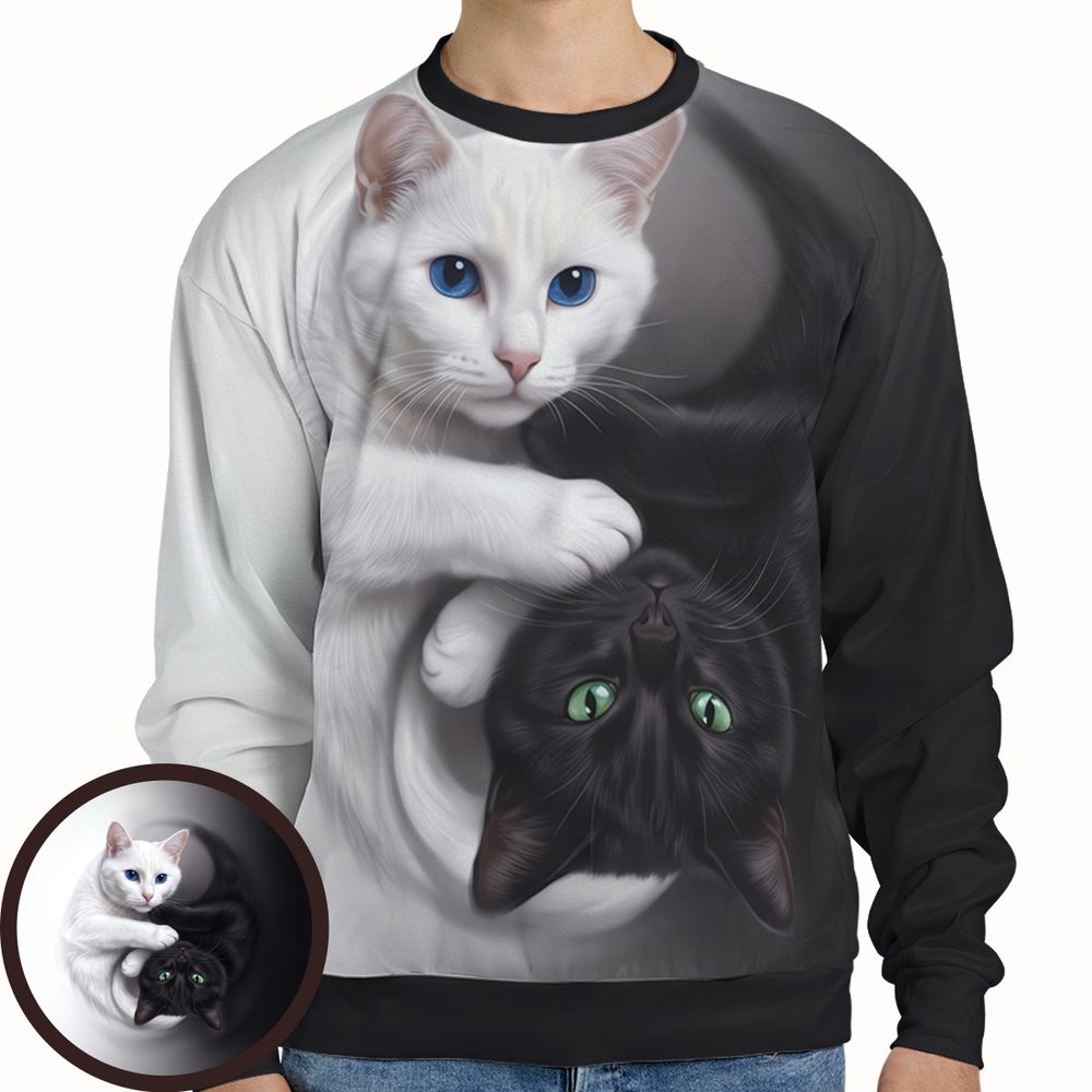Yin Yang Black Cat and White Cat Full Print Sweatshirt - - 1