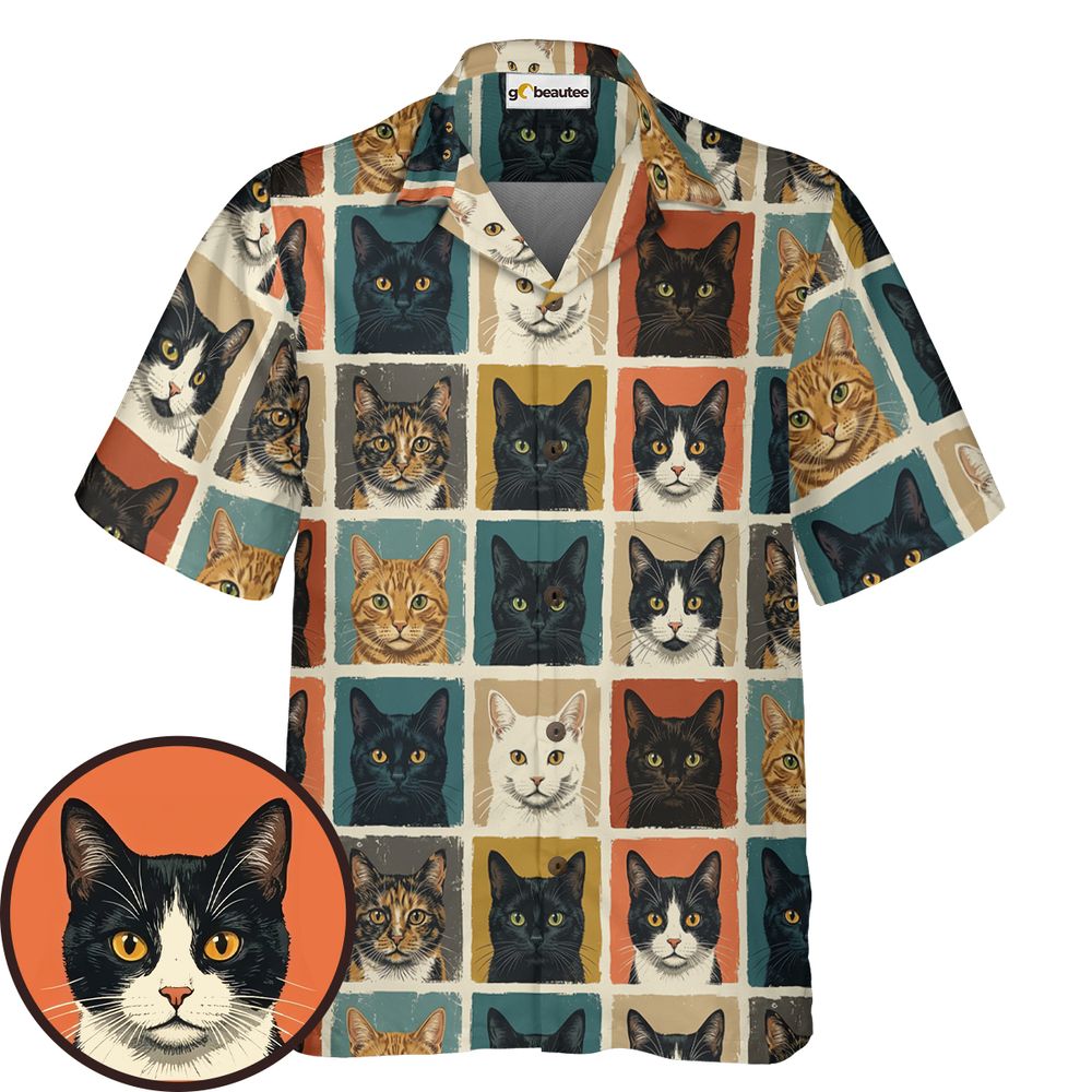 Retro Pop Art Cat Portrait Grid Hawaiian Shirt - - 1