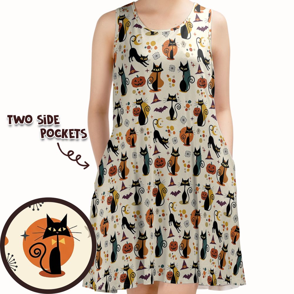 Mid Century Atomic Black Cats Sleeveless Dress - - 1