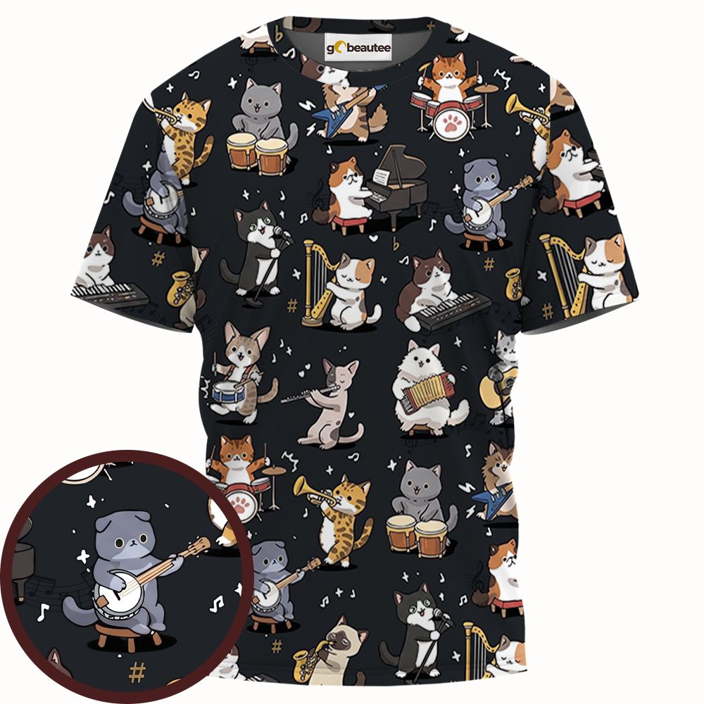 Cat Band Musical Instruments Full Print Unisex T-Shirt - - 1