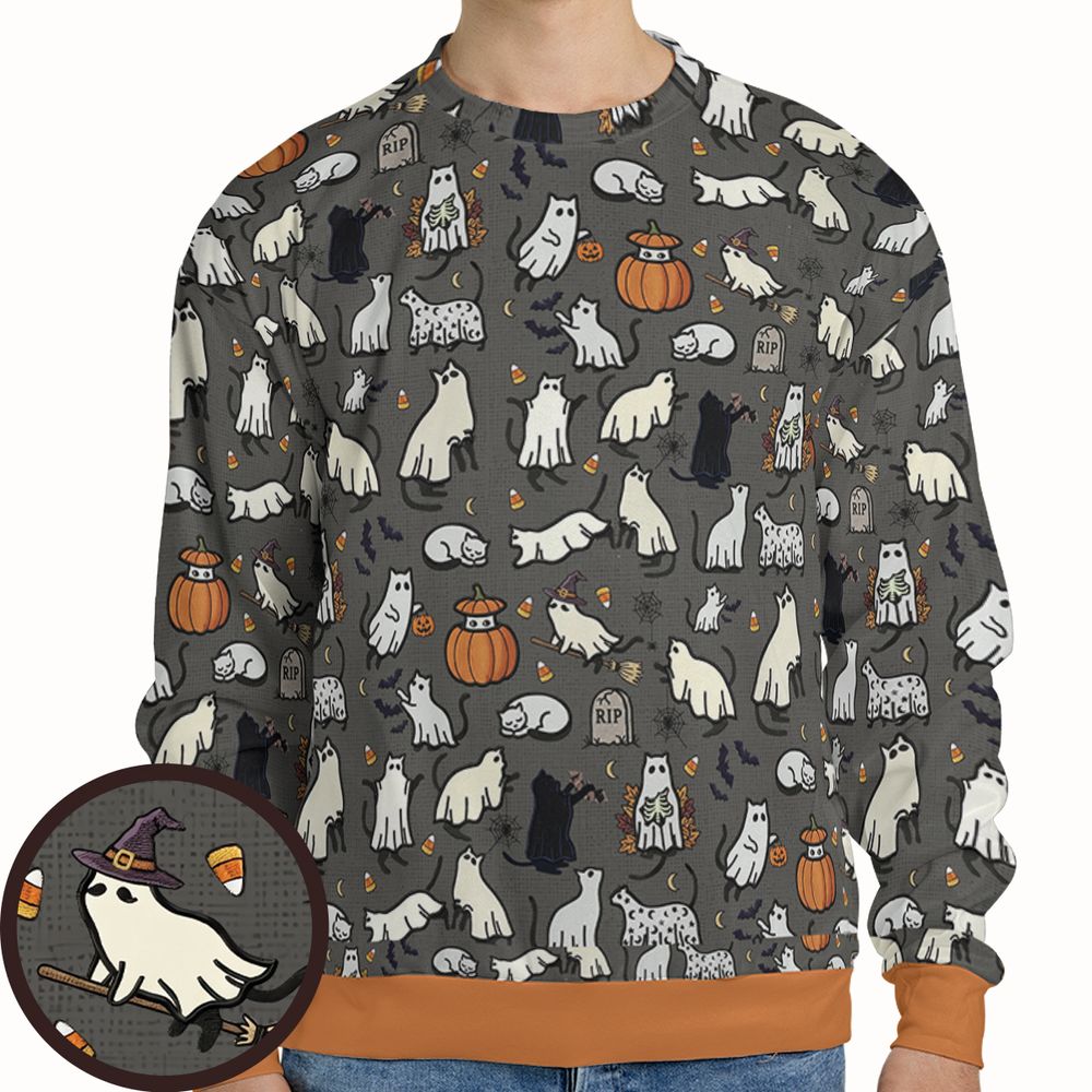 Cat Ghost Full Print Sweatshirt - - 1
