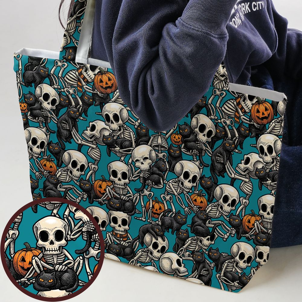 Black Cat Skeleton Halloween Large Tote Bag - - 1