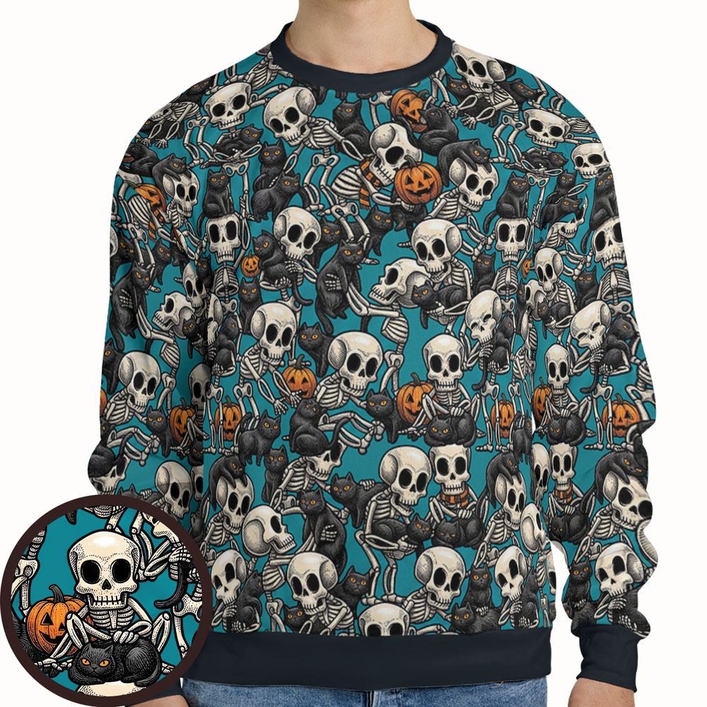 Black Cat Skeleton Halloween Full Print Sweatshirt - - 1