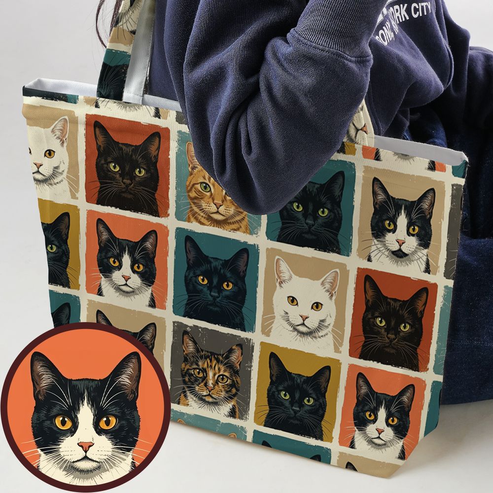 Retro Pop Art Cat Portrait Grid Large Tote Bag - - 1