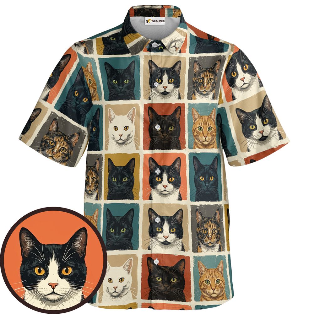 Retro Pop Art Cat Portrait Grid Short Sleeve Button Shirt - - 1