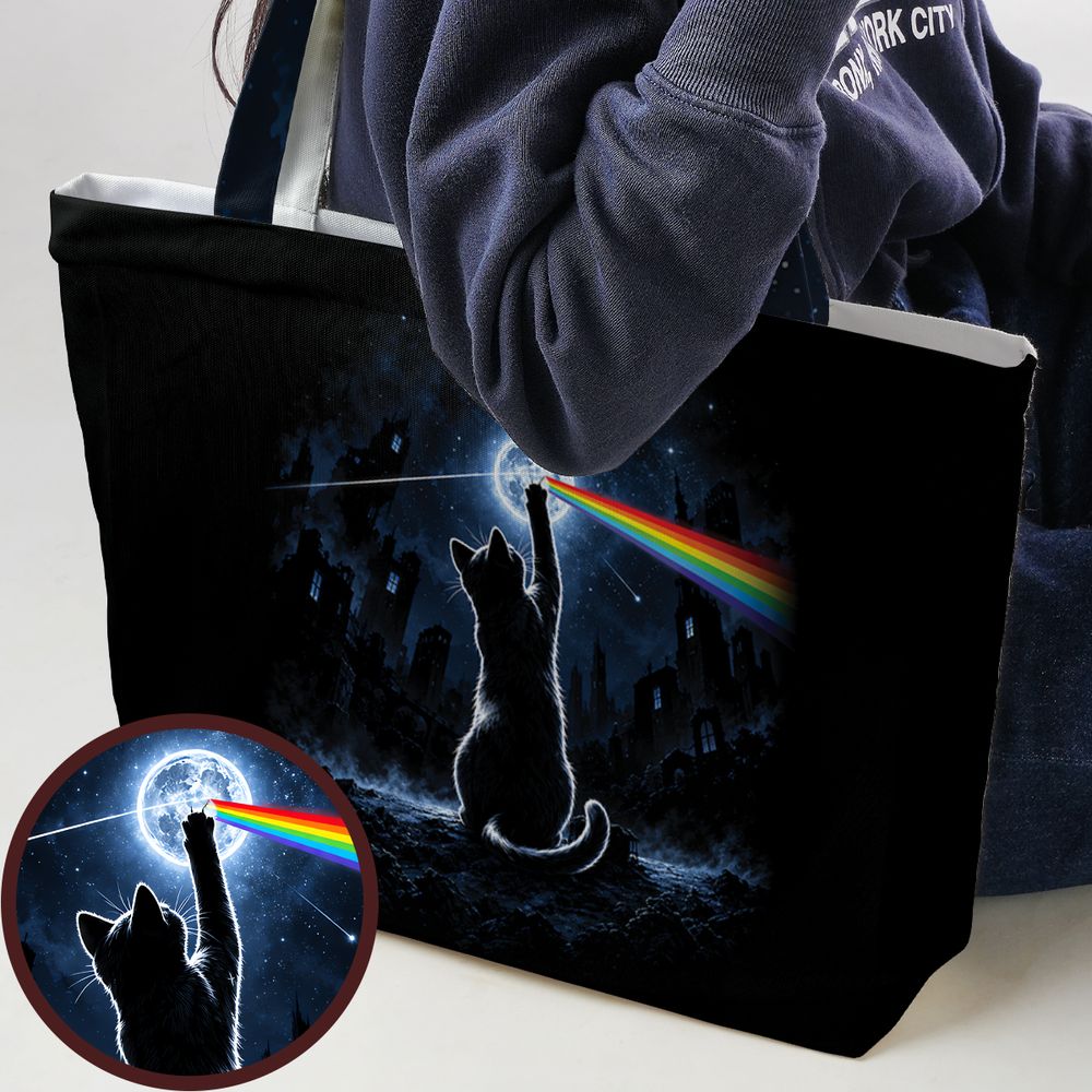 Cosmic Rainbow Moon Cat Silhouette Large Tote Bag - - 1