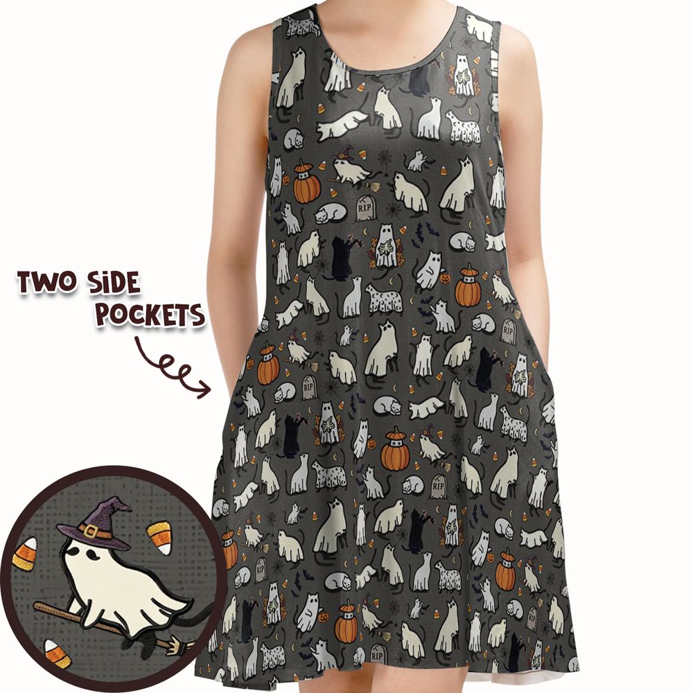 Cat Ghost Sleeveless Dress - - 1