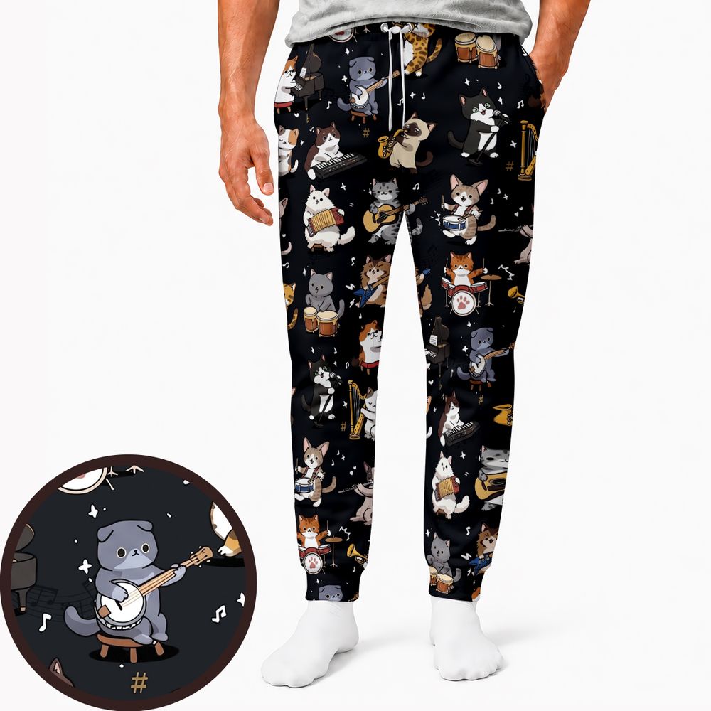 Cat Band Musical Instruments Sweatpants - - 1