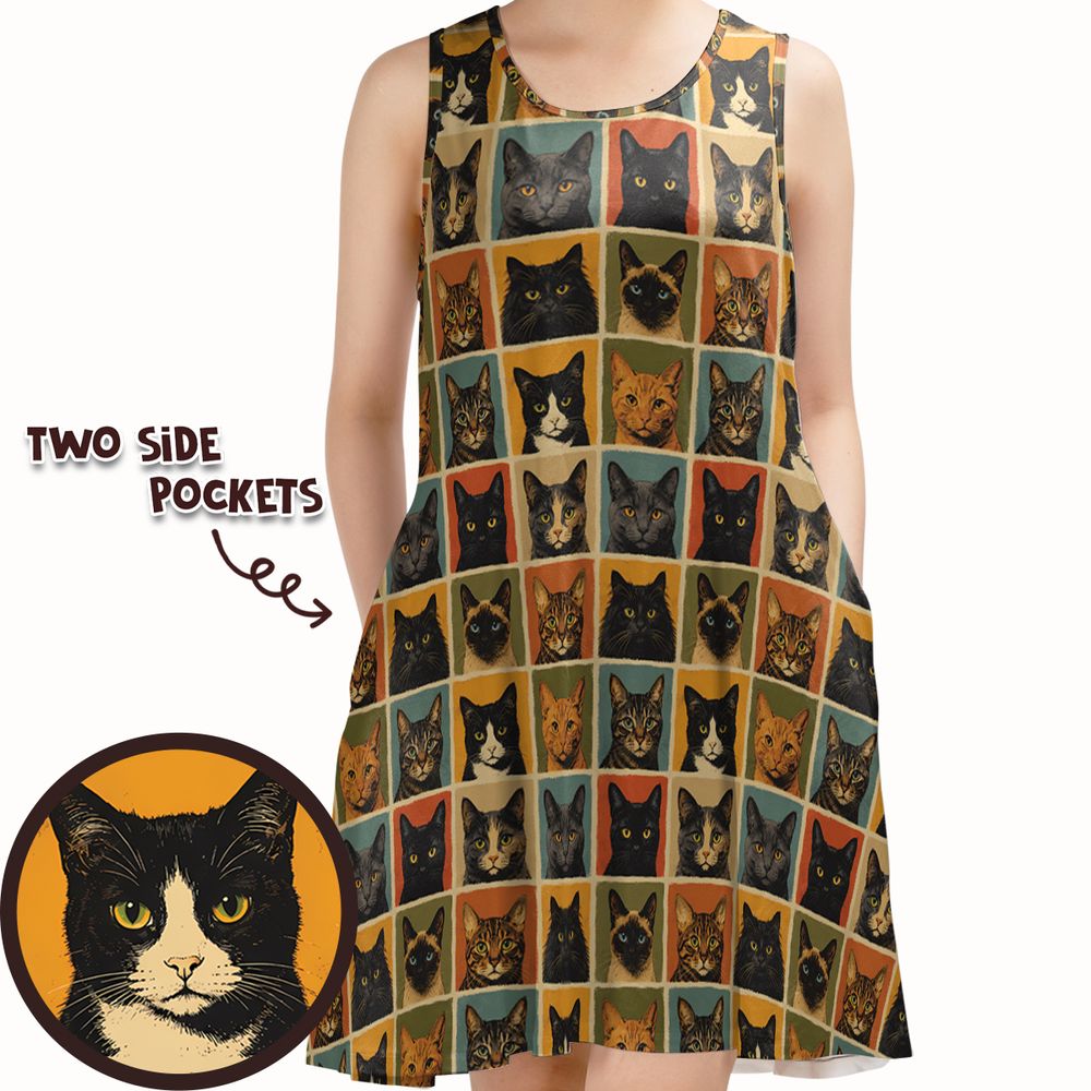 Retro Cat portrait Sleeveless Dress - - 1