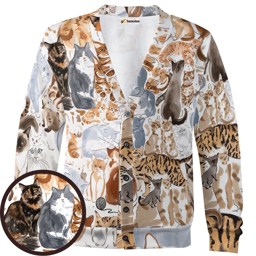 Watercolor cat Cardigan - - 1