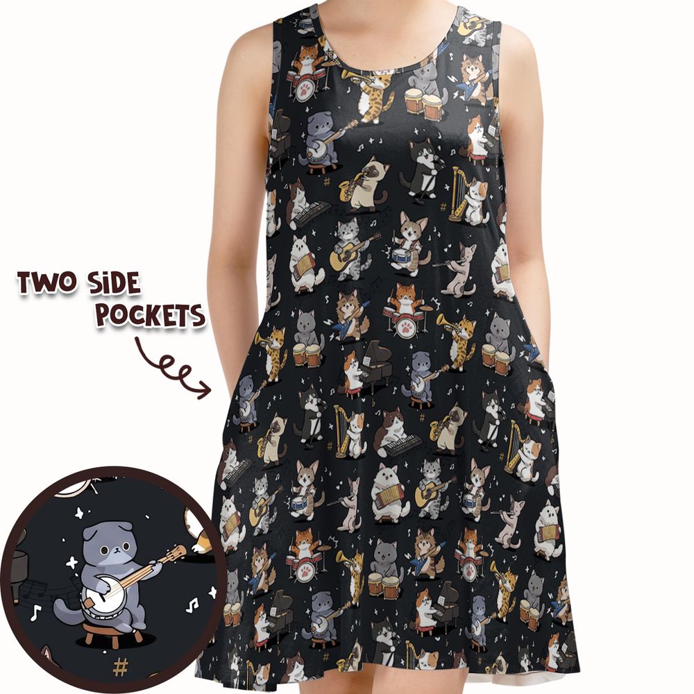 Cat Band Musical Instruments Sleeveless Dress - - 1