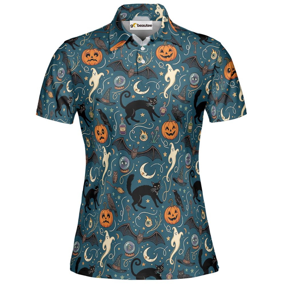 Magical Black Cat & Spooky Night Halloween Full Print Polo Shirt - Women - 2