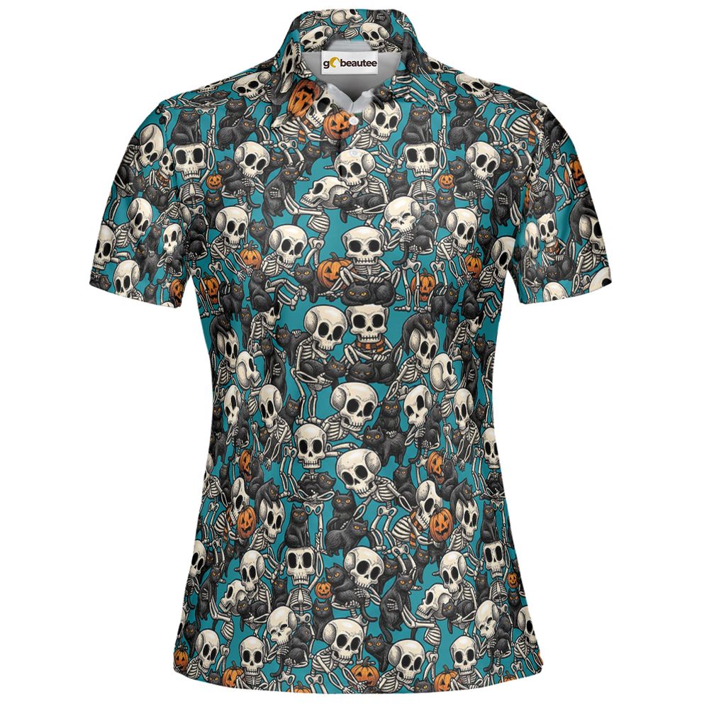 Black Cat Skeleton Halloween Full Print Polo Shirt - Women - 2