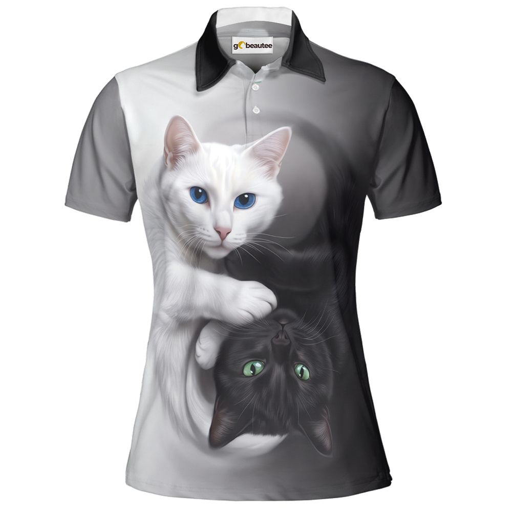Yin Yang Black Cat and White Cat Full Print Polo Shirt - Women - 2