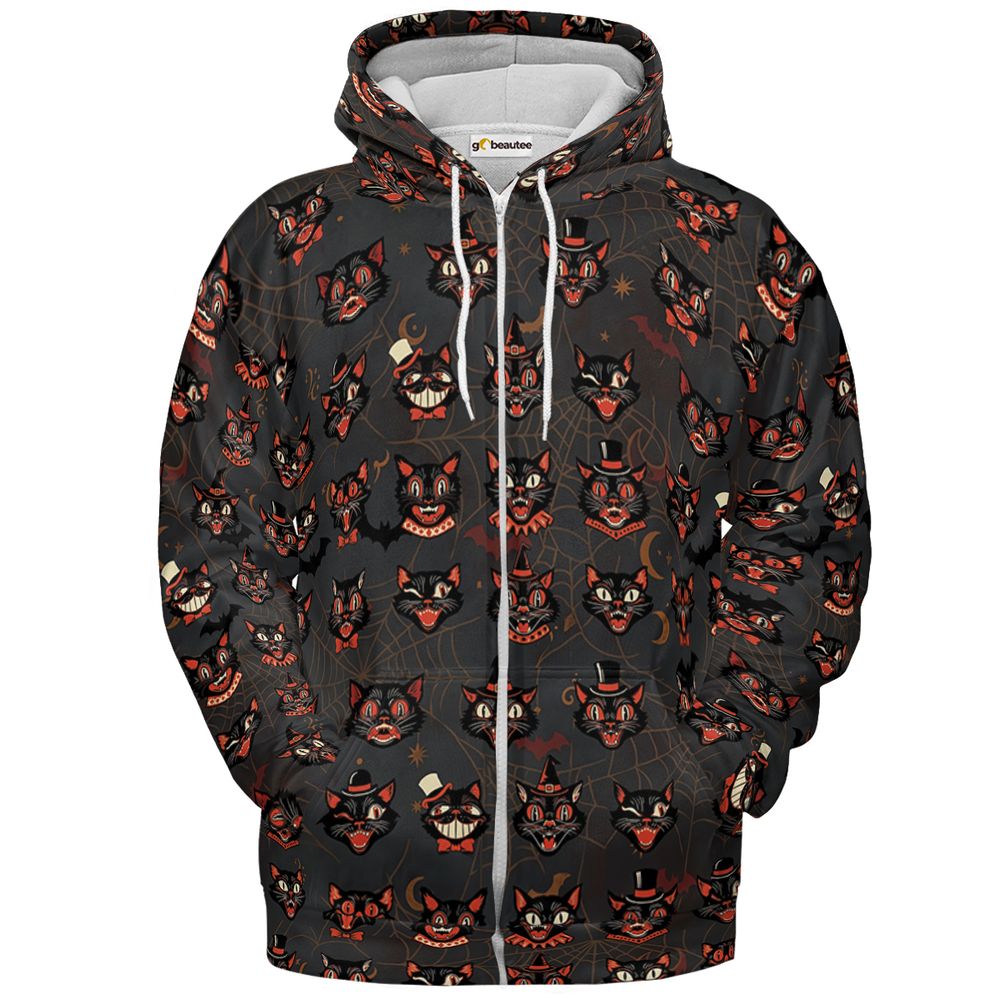 Retro Spooky Black Cat Halloween Hawaiian Shirt - Zip Hoodie - 2