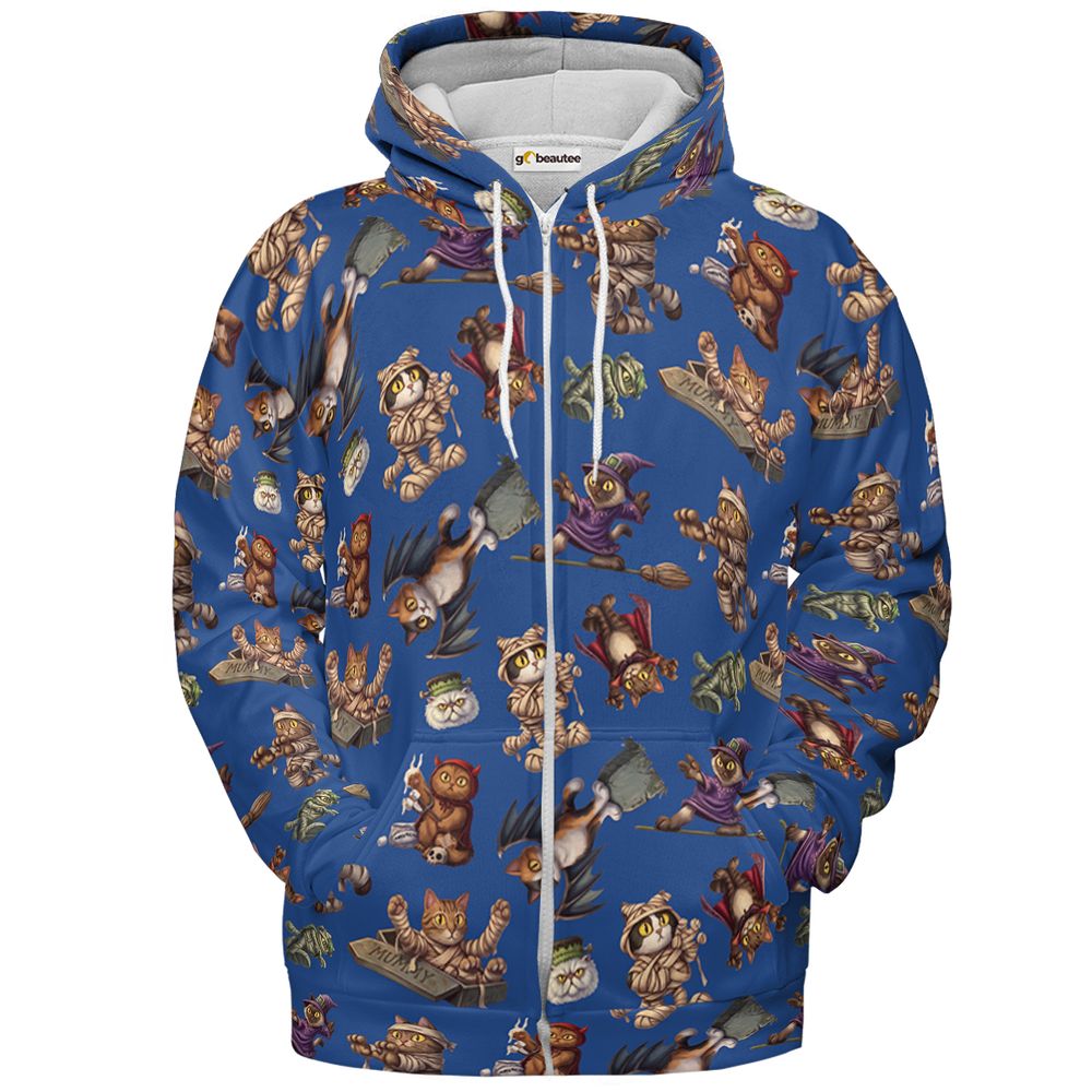 Blue Halloween Monster Cats - Zip Hoodie - 2
