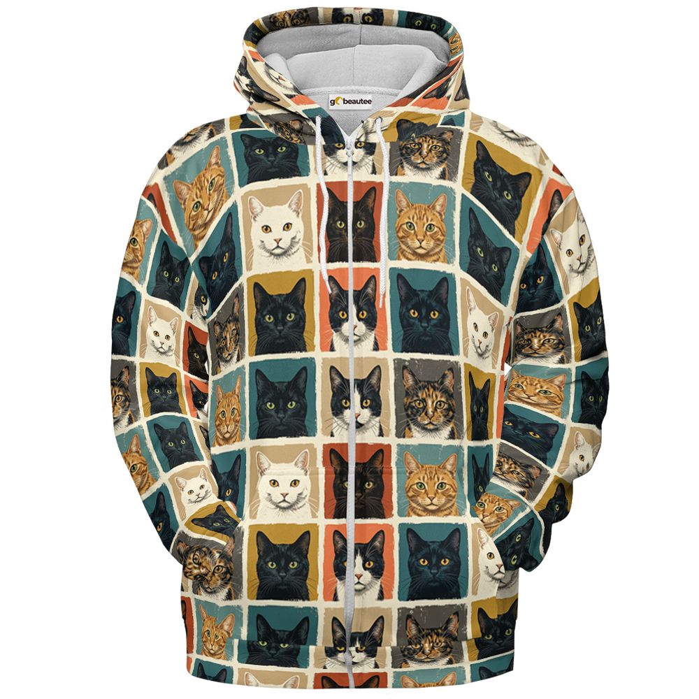 Retro Pop Art Cat Portrait Grid Full Print Hoodie - Zip Hoodie - 2