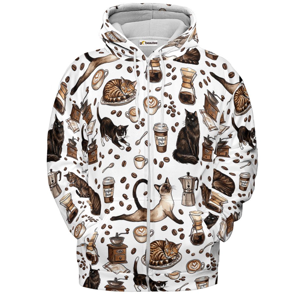 Cat and Coffee Full Print Hoodie - Zip Hoodie - 2