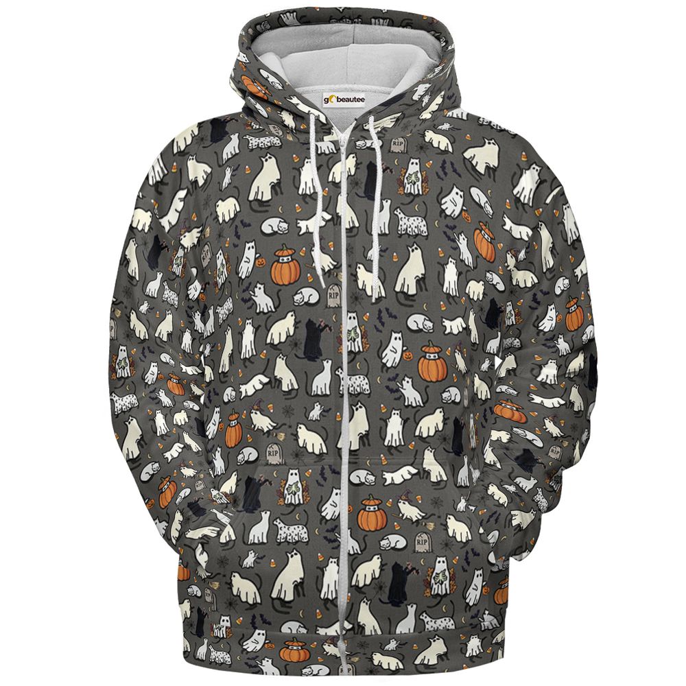 Cat Ghost Full Print Hoodie - Zip Hoodie - 2