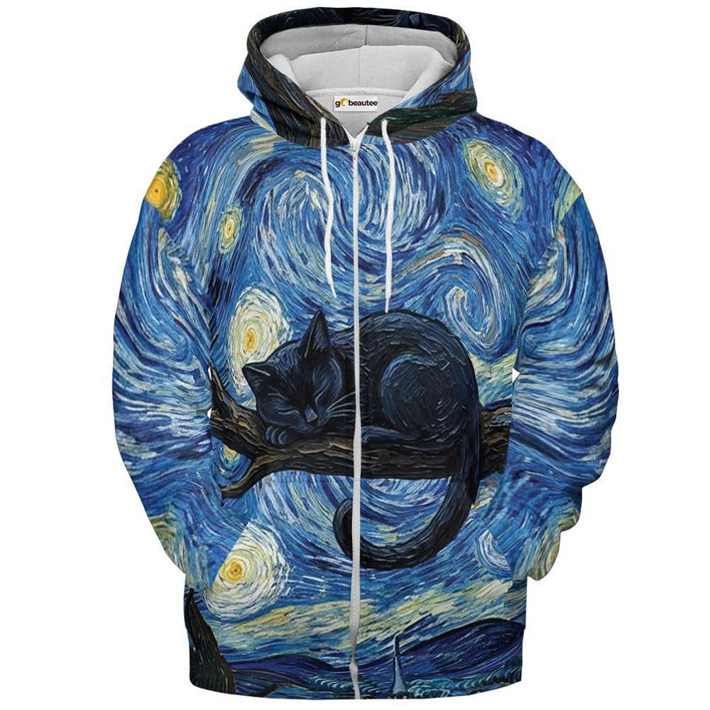 Starry Night and Black Cat Full Print Hoodie - Zip Hoodie - 2