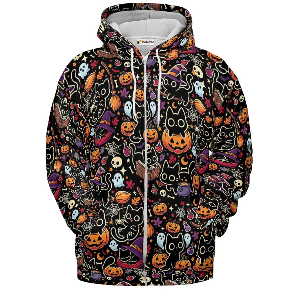 Black Cat and Pumpkin Full Print Hoodie - Zip Hoodie - 2