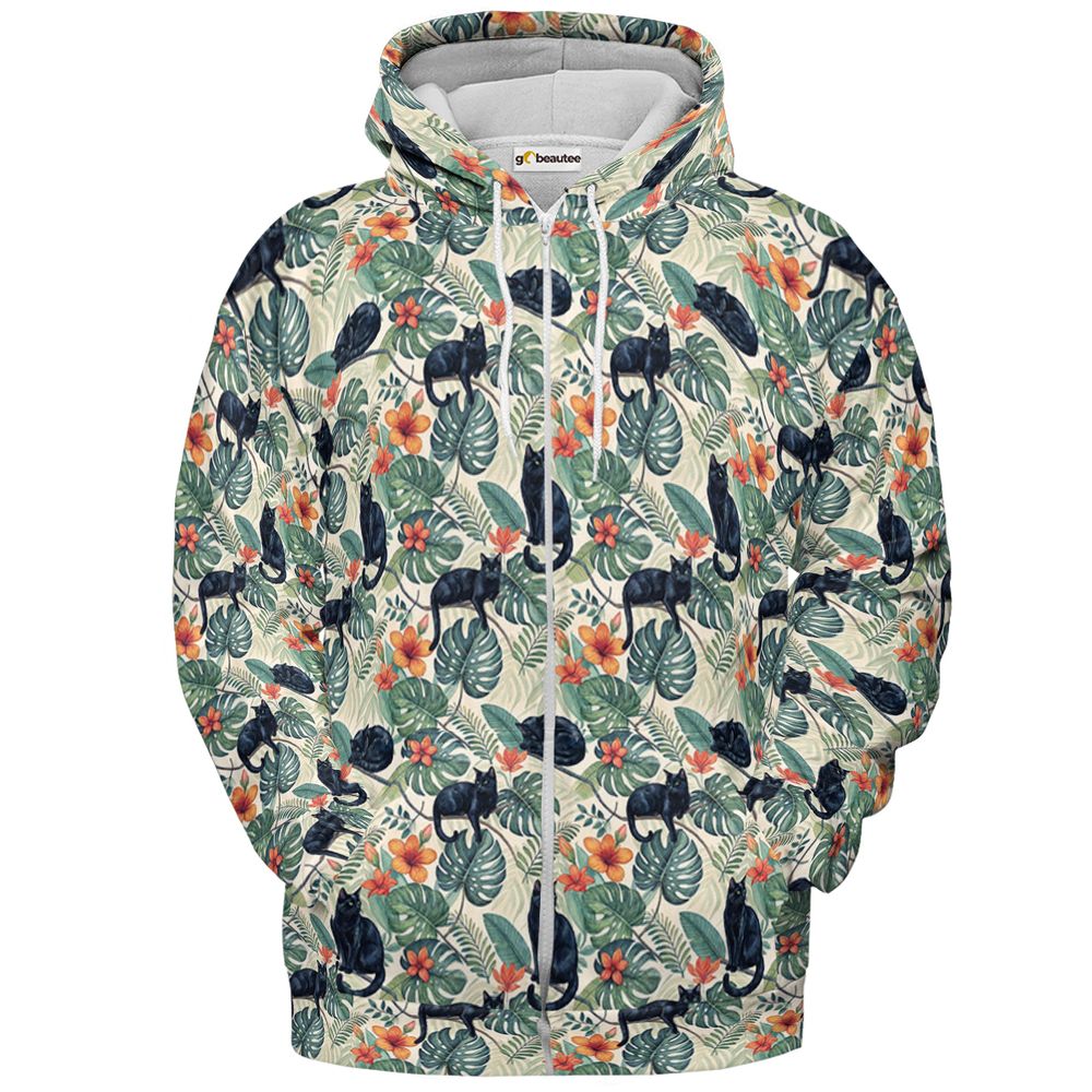 Black Cats in Tropical Foliage - Zip Hoodie - 2