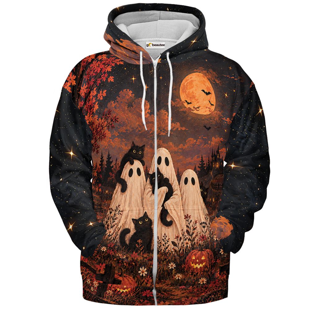 Black Cats and Ghost Halloween Night - Zip Hoodie - 2